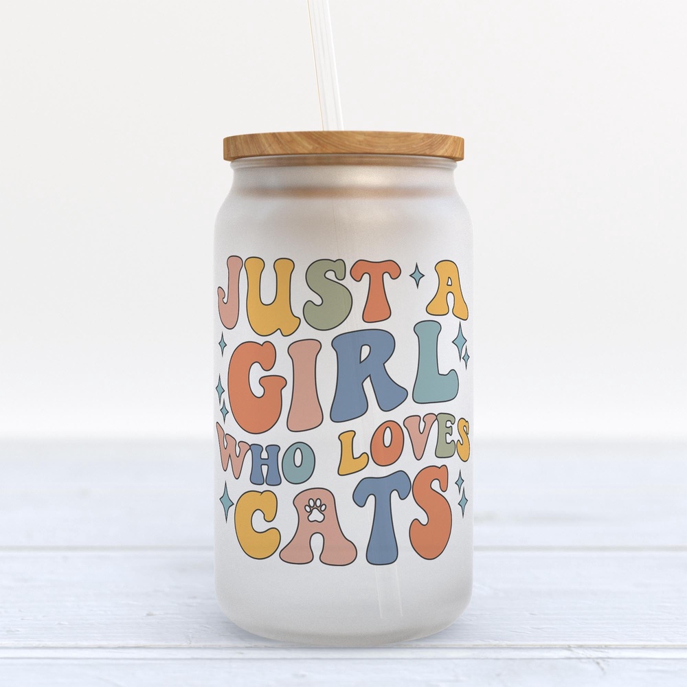Frosted Glass Can, Valentine Gift, Just A Girl Who Loves Cats Frosted Glass Can Tumbler