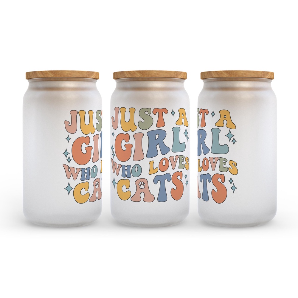 Frosted Glass Can, Valentine Gift, Just A Girl Who Loves Cats Frosted Glass Can Tumbler