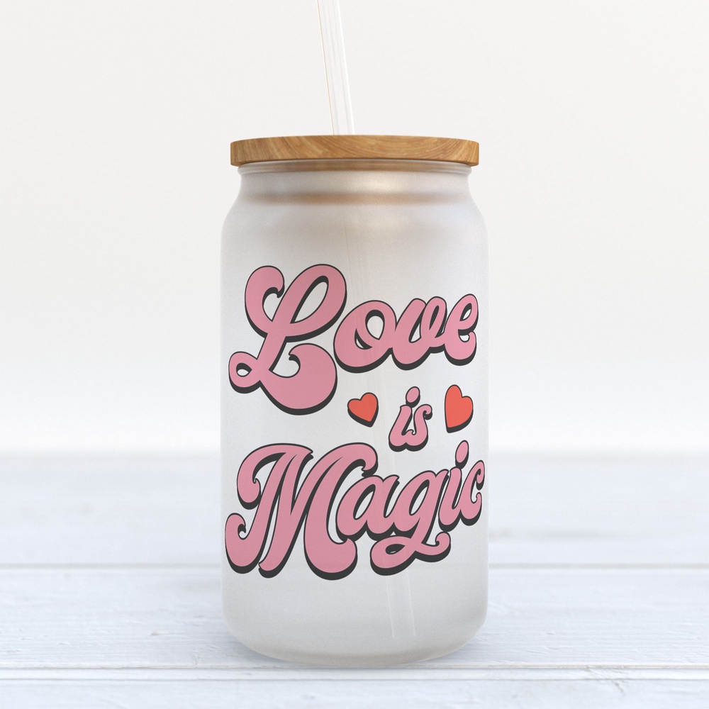 Frosted Glass Can, Valentine Gift, Love is Magic Valentine’s Day Frosted Glass Can Tumbler