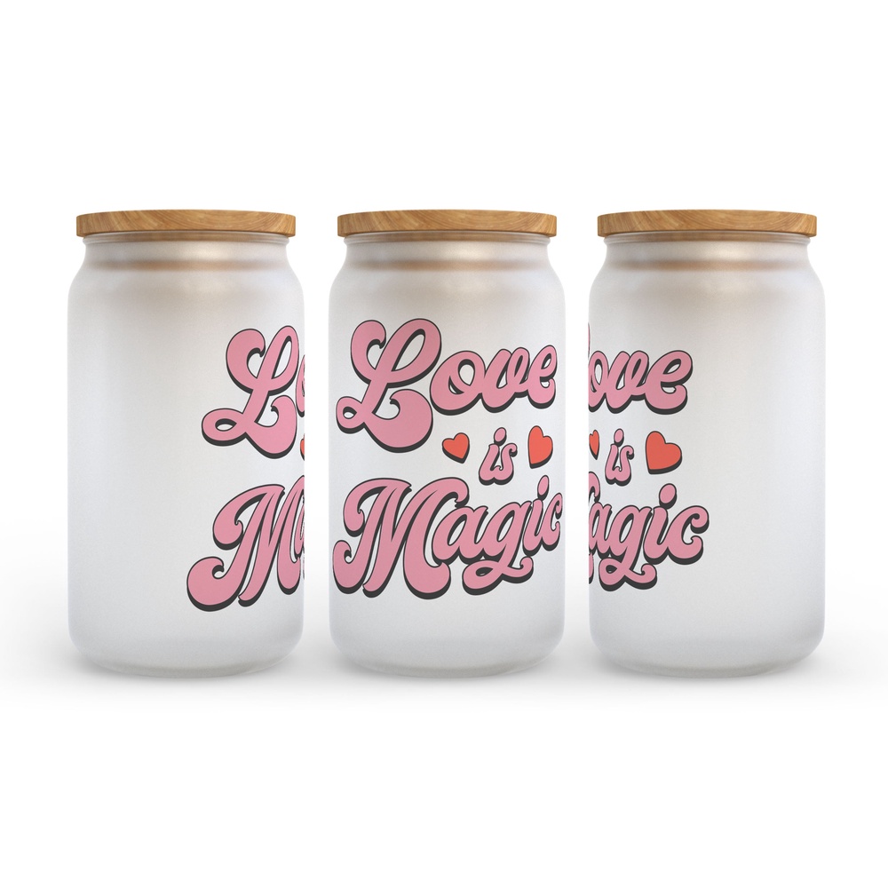 Frosted Glass Can, Valentine Gift, Love is Magic Valentine’s Day Frosted Glass Can Tumbler