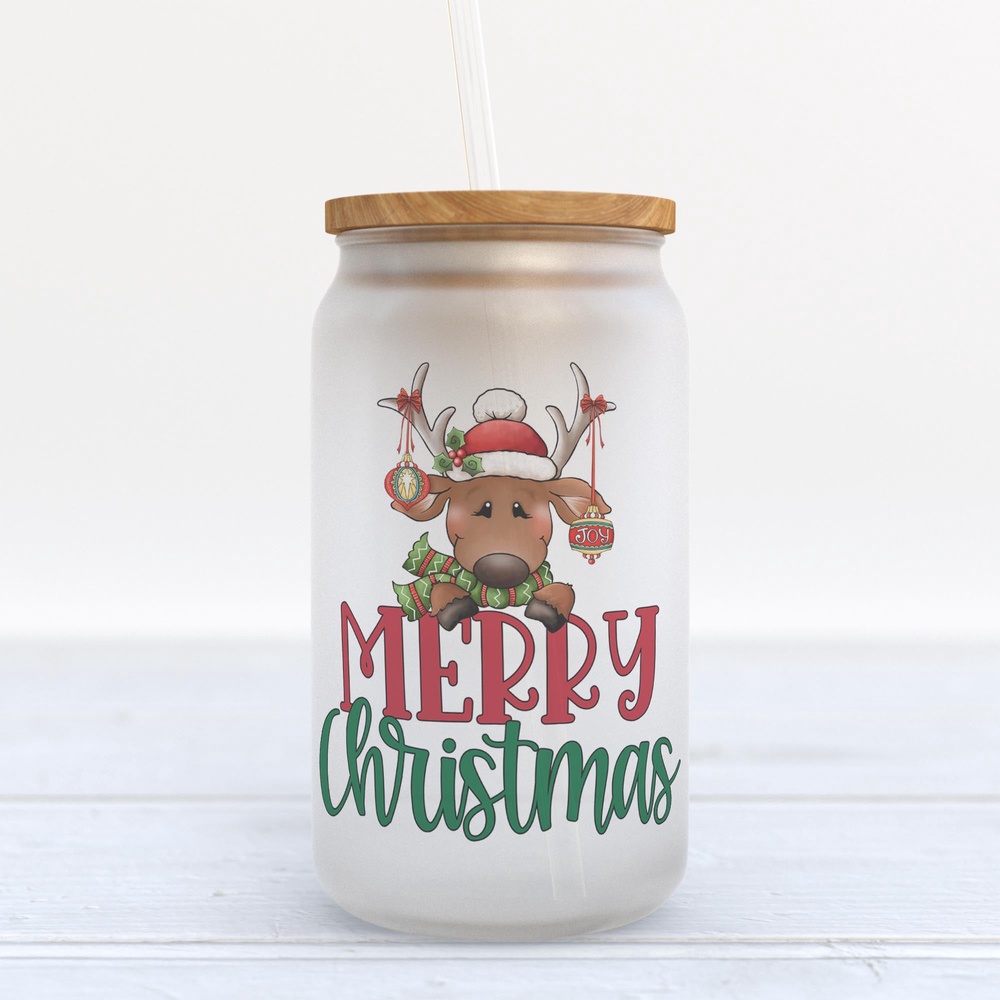 Frosted Glass Can, Valentine Gift, Merry Christmas Reindeer Frosted Glass Can Tumbler Frosted Glass Can, Valentine Gift, Merry Christmas Reindeer Frosted Glass Can Tumbler