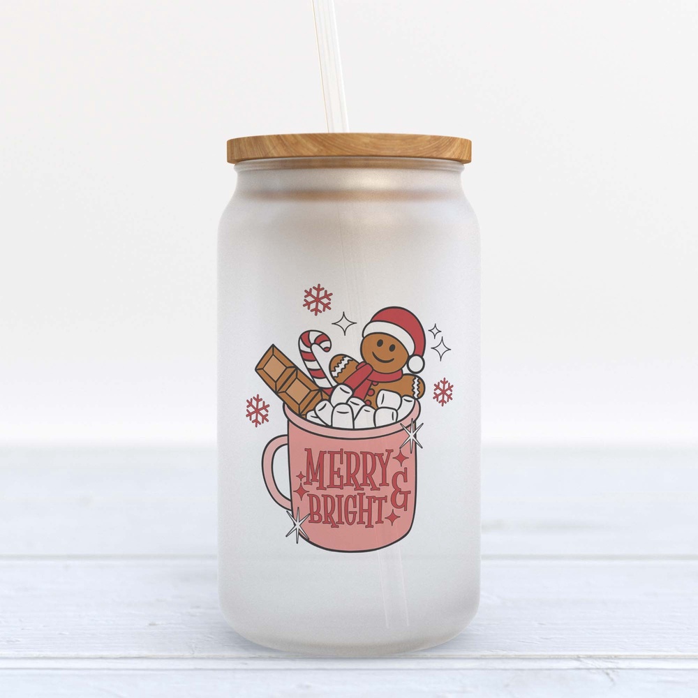 Frosted Glass Can, Valentine Gift, Merry and Bright Gingerbread Man Christmas Frosted Glass Can Tumbler