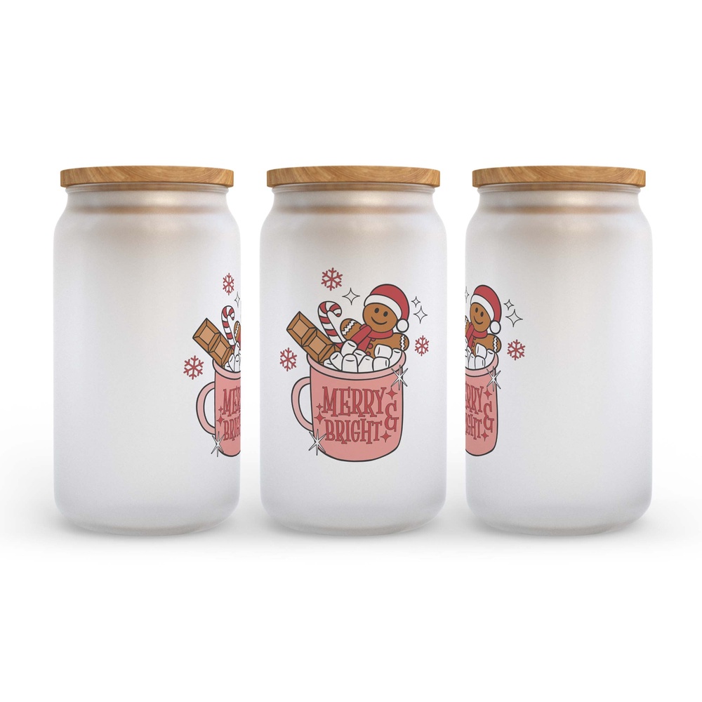 Frosted Glass Can, Valentine Gift, Merry and Bright Gingerbread Man Christmas Frosted Glass Can Tumbler