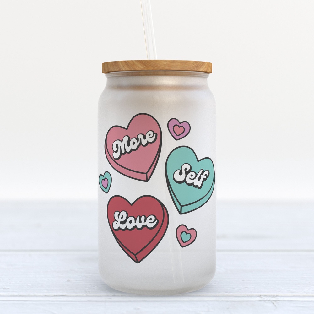 Frosted Glass Can, Valentine Gift, More Self Love Candy Hearts Frosted Glass Can Tumbler Frosted Glass Can, Valentine Gift, More Self Love Candy Hearts Frosted Glass Can Tumbler