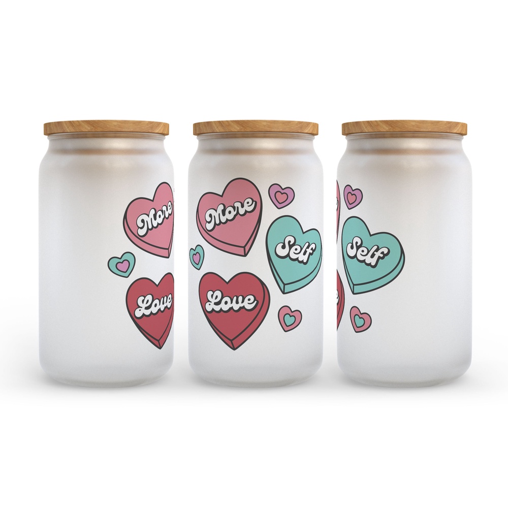 Frosted Glass Can, Valentine Gift, More Self Love Candy Hearts Frosted Glass Can Tumbler Frosted Glass Can, Valentine Gift, More Self Love Candy Hearts Frosted Glass Can Tumbler
