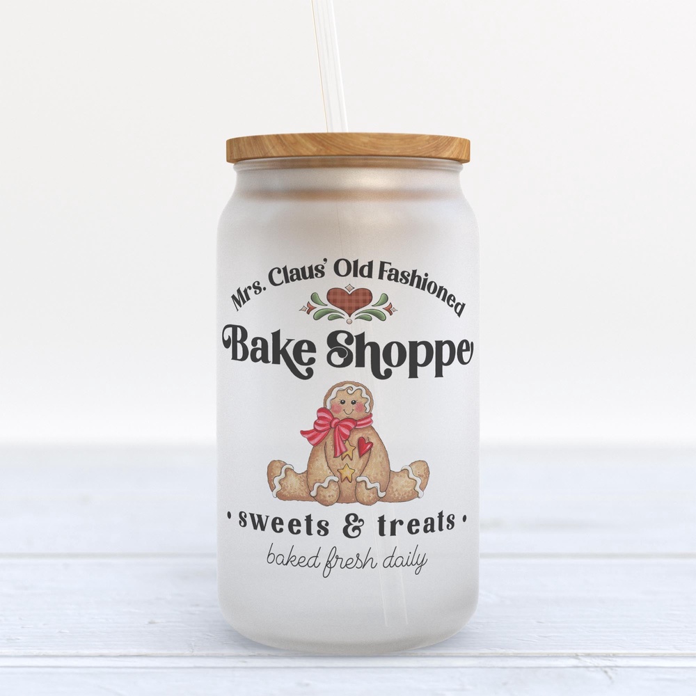Frosted Glass Can, Valentine Gift, Mrs. Claus Bake Shop Gingerbread Christmas Frosted Glass Can Tumbler Frosted Glass Can, Valentine Gift, Mrs. Claus Bake Shop Gingerbread Christmas Frosted Glass Can Tumbler