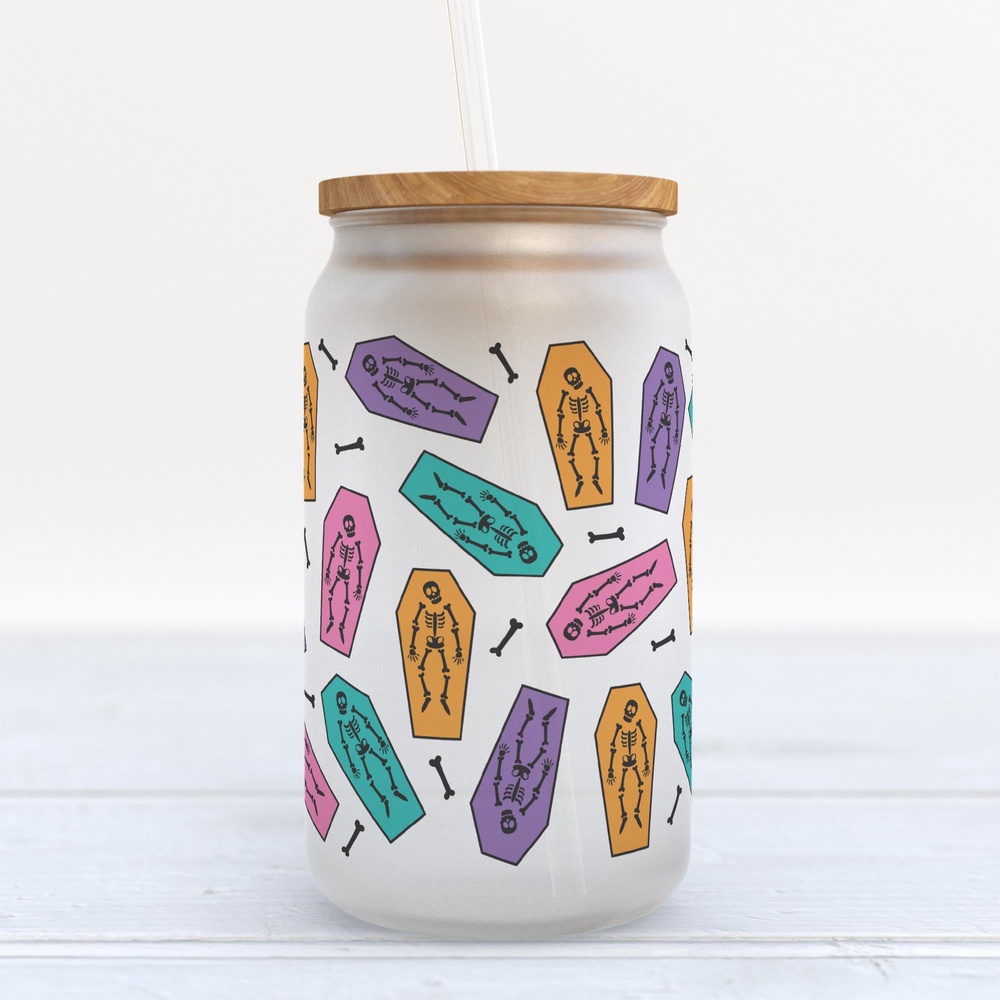 Frosted Glass Can, Valentine Gift, Pink Skeletons Halloween Frosted Glass Can Tumbler Frosted Glass Can, Valentine Gift, Pink Skeletons Halloween Frosted Glass Can Tumbler