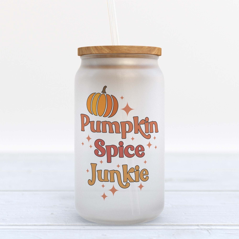 Frosted Glass Can, Valentine Gift, Pumpkin Spice Junkie Frosted Glass Can Tumbler