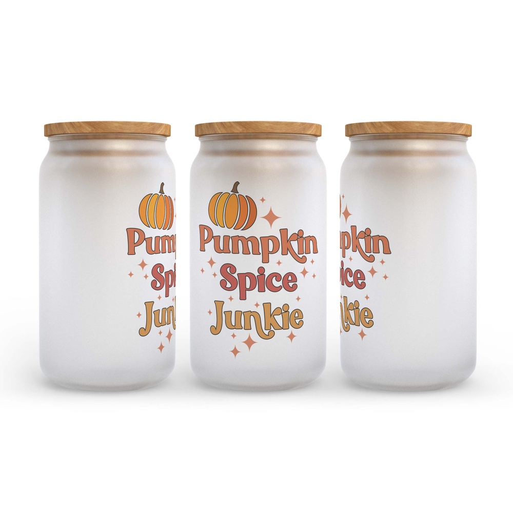 Frosted Glass Can, Valentine Gift, Pumpkin Spice Junkie Frosted Glass Can Tumbler
