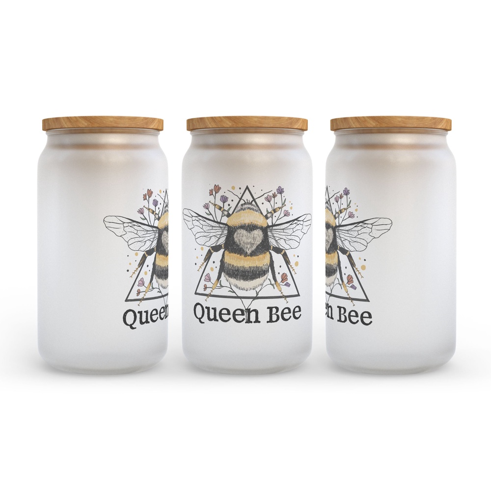 Frosted Glass Can, Valentine Gift, Queen Bee Frosted Glass Can Tumbler
