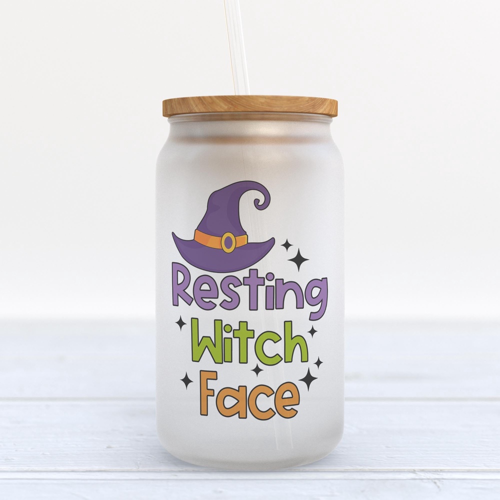Frosted Glass Can, Valentine Gift, Resting Witch Face Halloween Frosted Glass Can Tumbler