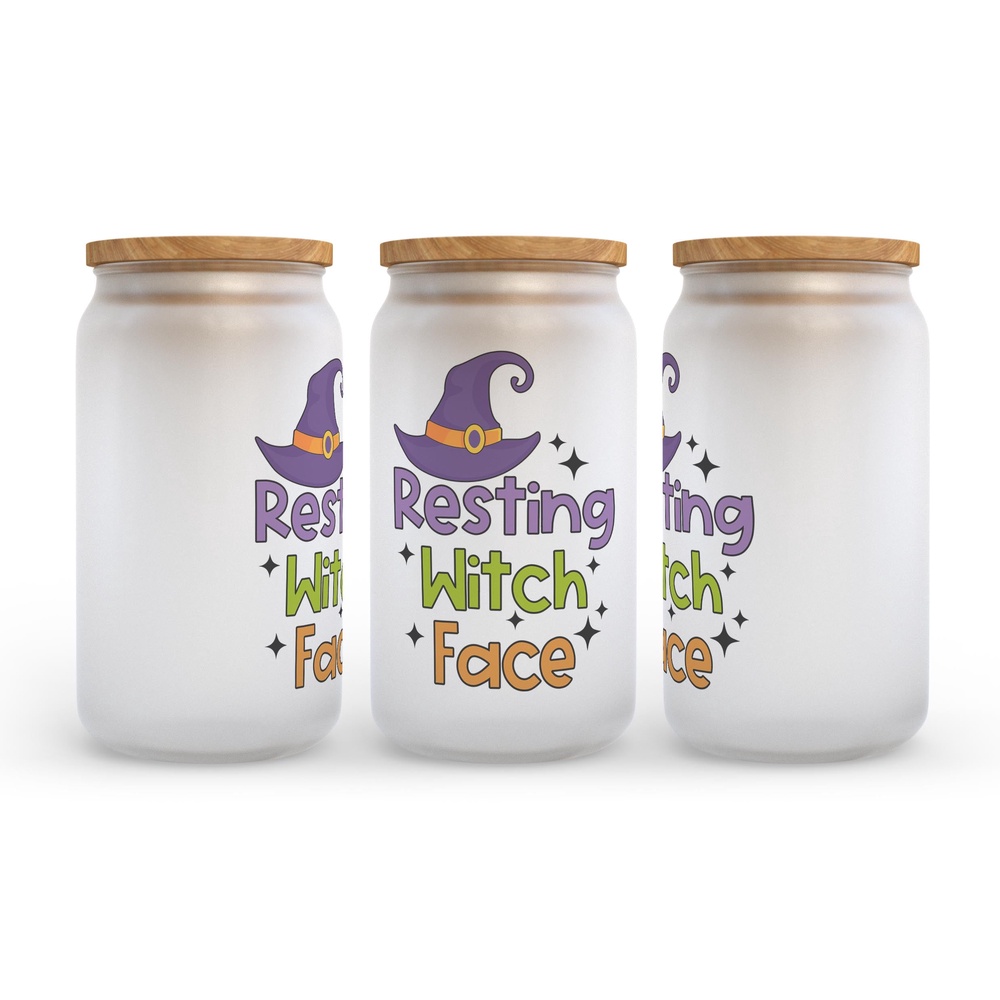 Frosted Glass Can, Valentine Gift, Resting Witch Face Halloween Frosted Glass Can Tumbler
