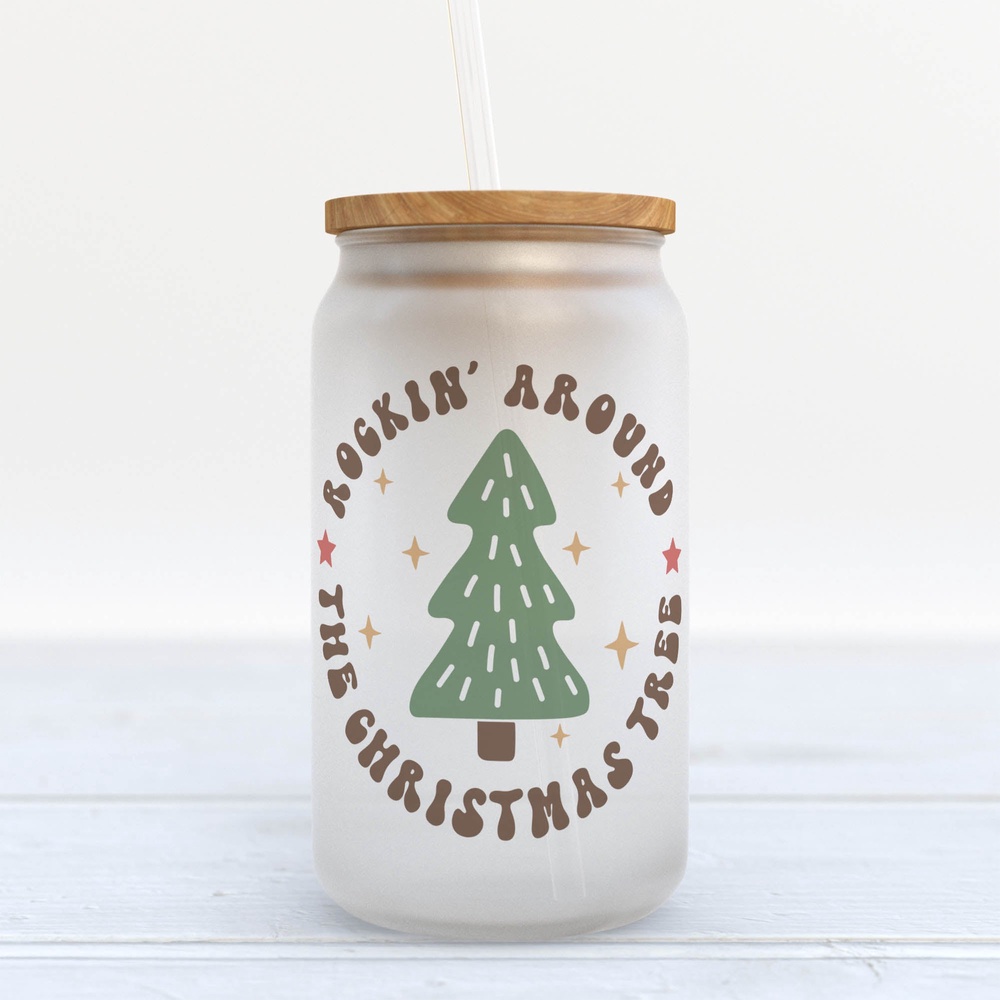 Frosted Glass Can, Valentine Gift, Rocking Around the Christmas Tree Frosted Glass Can Tumbler Frosted Glass Can, Valentine Gift, Rocking Around the Christmas Tree Frosted Glass Can Tumbler