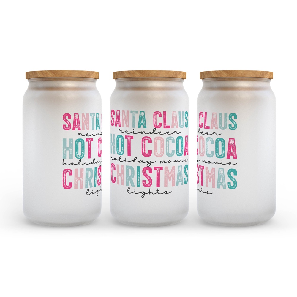 Frosted Glass Can, Valentine Gift, Santa Claus Hot Cocoa Christmas Frosted Glass Can Tumbler