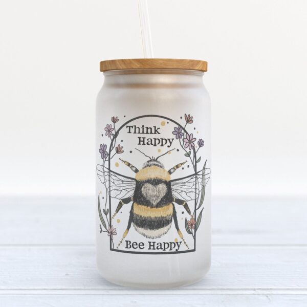 Frosted Glass Can, Valentine Gift, Think Happy Bee Happy Frosted Glass Can Tumbler