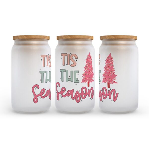 Frosted Glass Can, Valentine Gift, Tis The Season Pink Christmas Tree Frosted Glass Can Tumbler