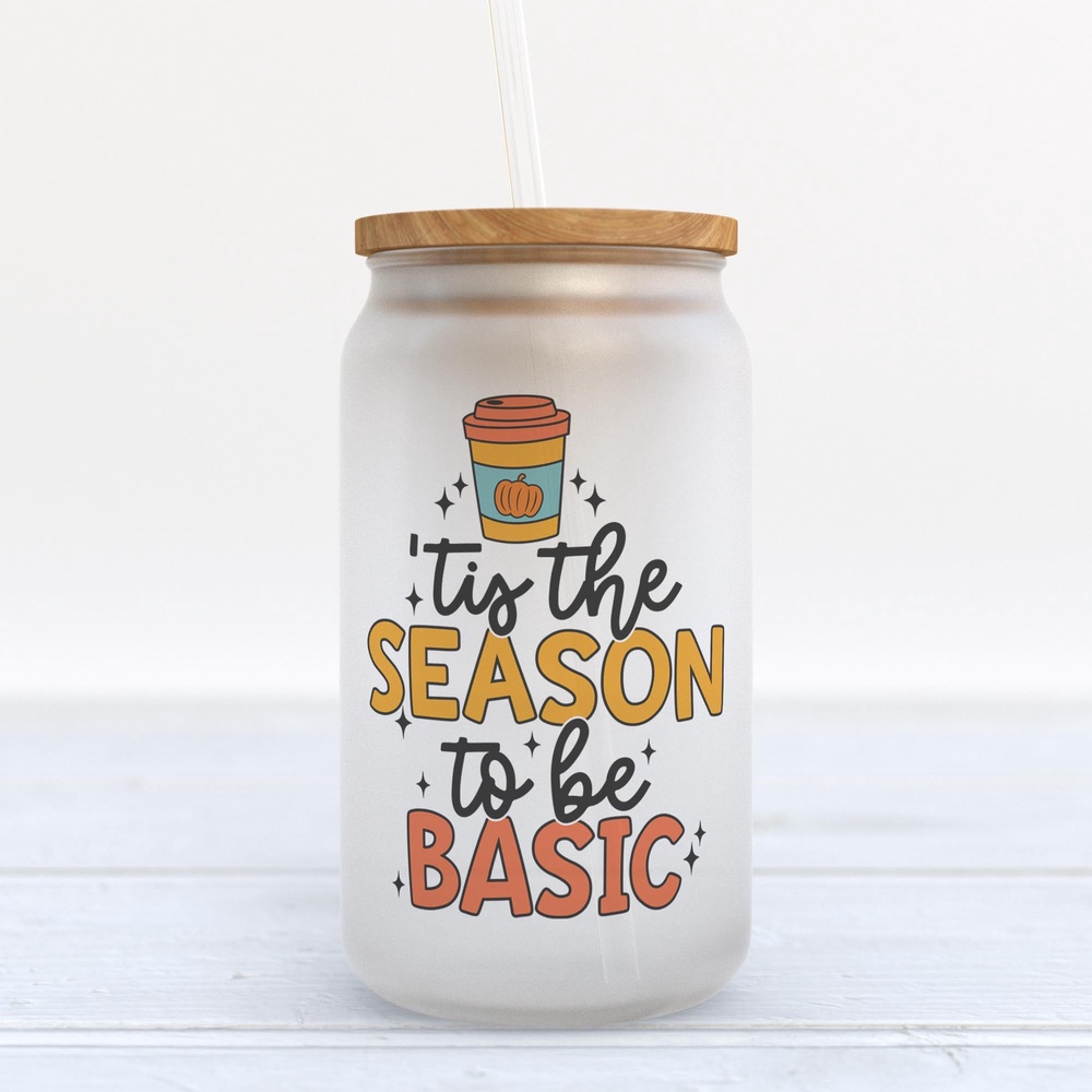 Frosted Glass Can, Valentine Gift, Tis The Season To Be Basic Fall Frosted Glass Can Tumbler