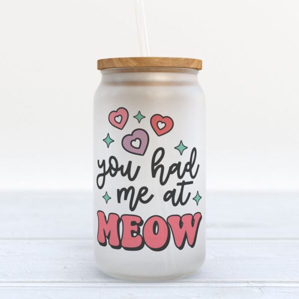Frosted Glass Can, Valentines Day Frosted Bottle You Had Me At Meow Cat Lovers Gifts Cat Mom Gifts Couple Gifts