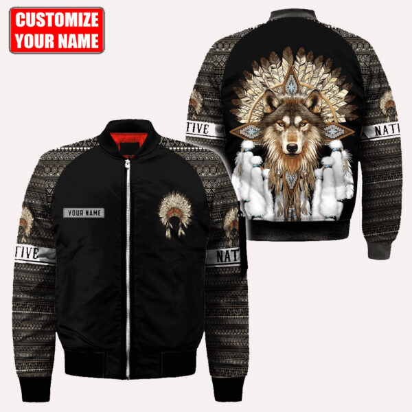 Native American Jacket, Customized Name Wolf Pattern Native American 3D All Over Printed Bomber Jacket