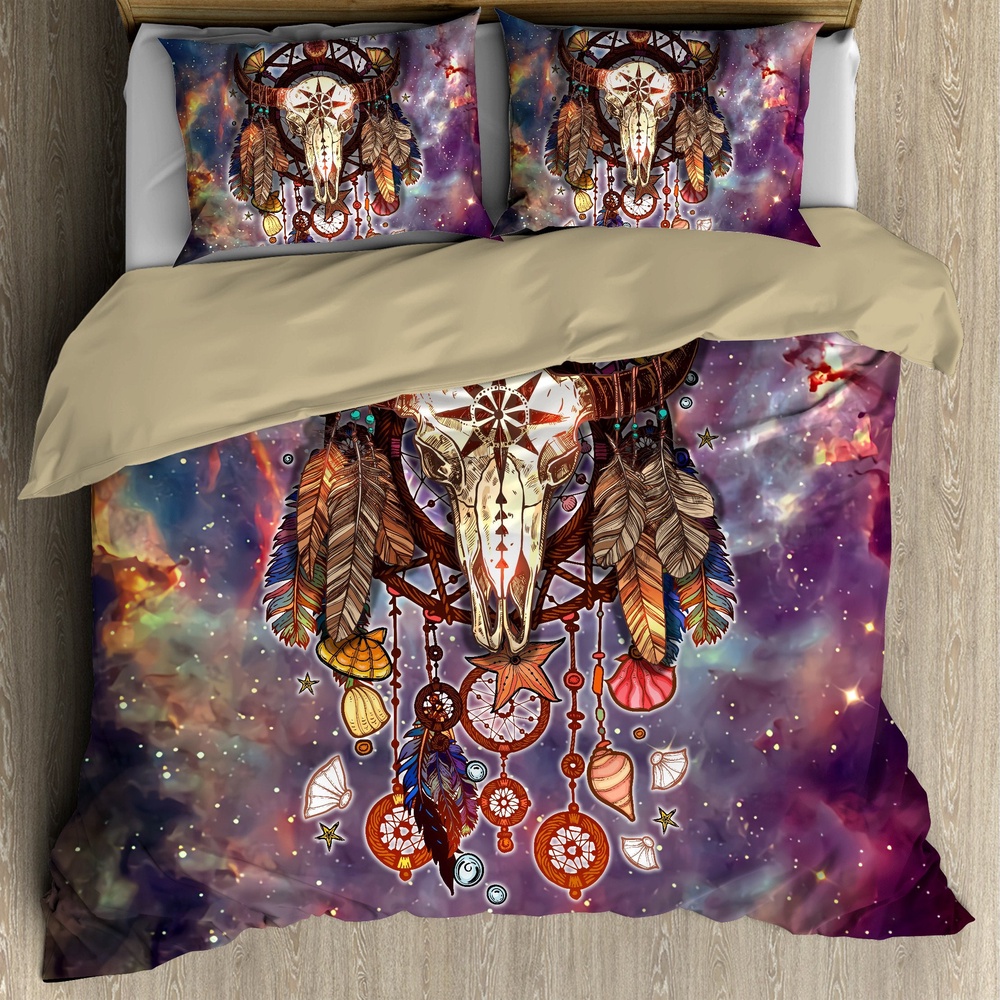 Native American Bedding Set, Dreamcatcher Skull Bison Native American Bedding Set, Native Bed Set