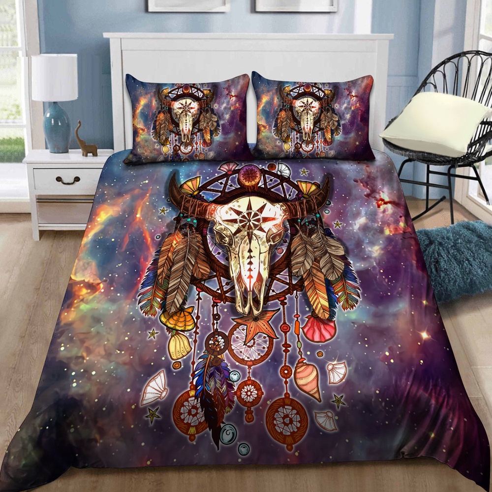 Native American Bedding Set, Dreamcatcher Skull Bison Native American Bedding Set, Native Bed Set