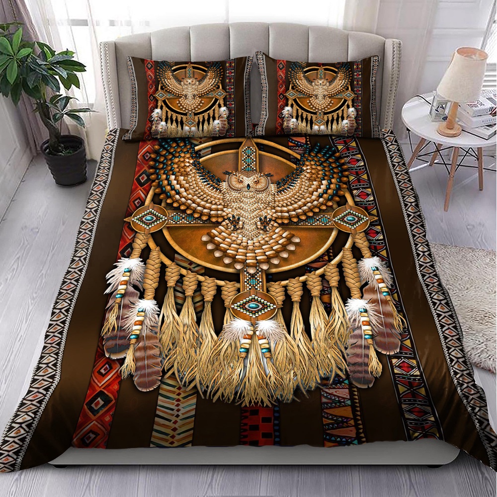 Native American Bedding Set, Owl Motifs Native American Bedding Set, Native Bed Set