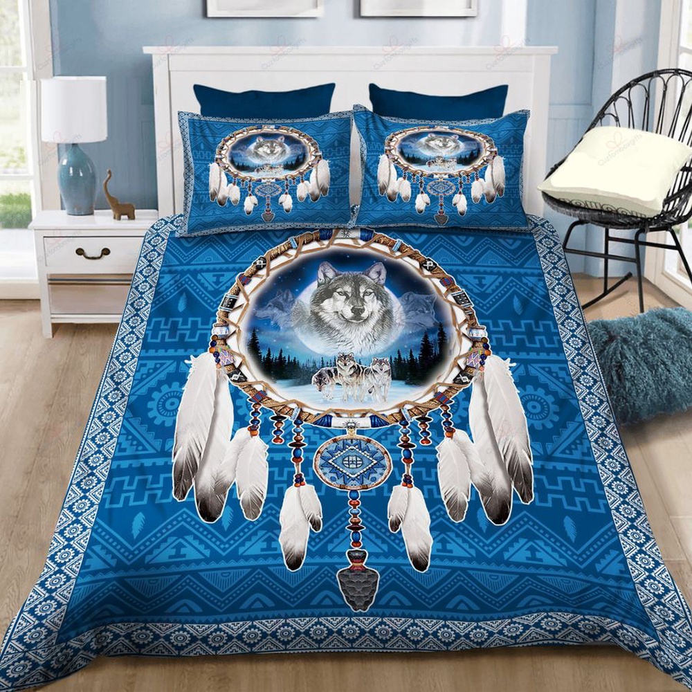 Native American Bedding Set, Snow Wofl Dreamcatcher Native American Bedding Set, Native Bed Set