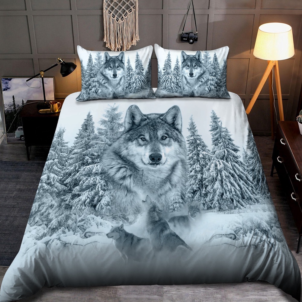 Native American Bedding Set, Wolves In The Snow Native American Bedding Set, Native Bed Set