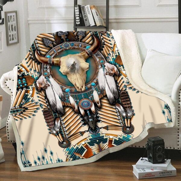 Native American Blanket, Buffalo Head Motifs Fleece Blanket, Native Blankets