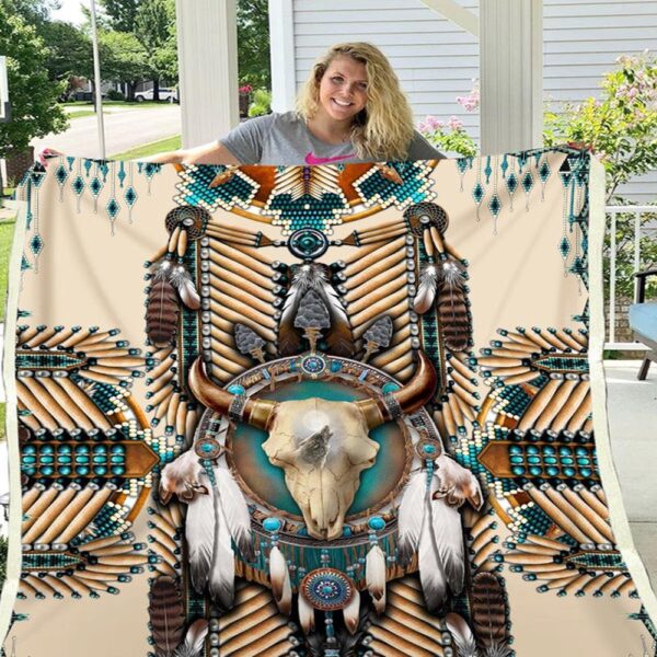 Native American Blanket, Buffalo Head Motifs Fleece Blanket, Native Blankets