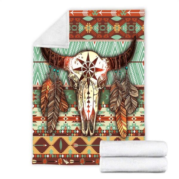 Native American Blanket, Cow Skull Feathers Native American All Over Printed Blanket, Native Blankets