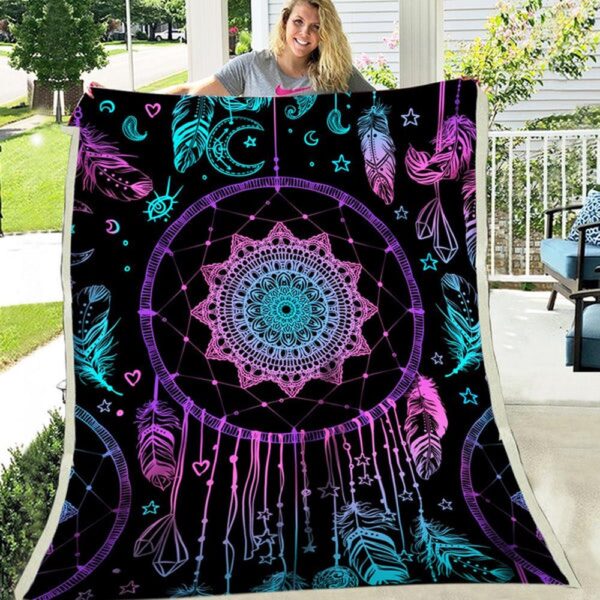 Native American Blanket, Dreamcatcher Purple Fleece Blanket, Native Blankets