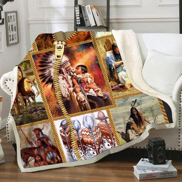 Native American Blanket, Indigenous Family Fleece Blanket, Native Blankets