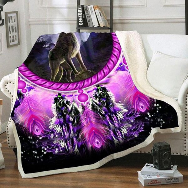 Native American Blanket, Purple Wolf Dream Fleece Blanket, Native Blankets