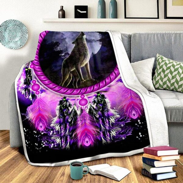 Native American Blanket, Purple Wolf Dream Fleece Blanket, Native Blankets