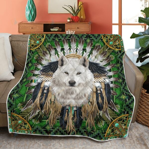 Native American Blanket, White Wolf Native American All Over Printed Blanket, Native Blankets