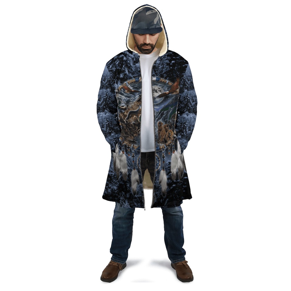 Native American Coat, Animals Under The Moon Native American 3D All Over Printed Hooded Cloak Coat