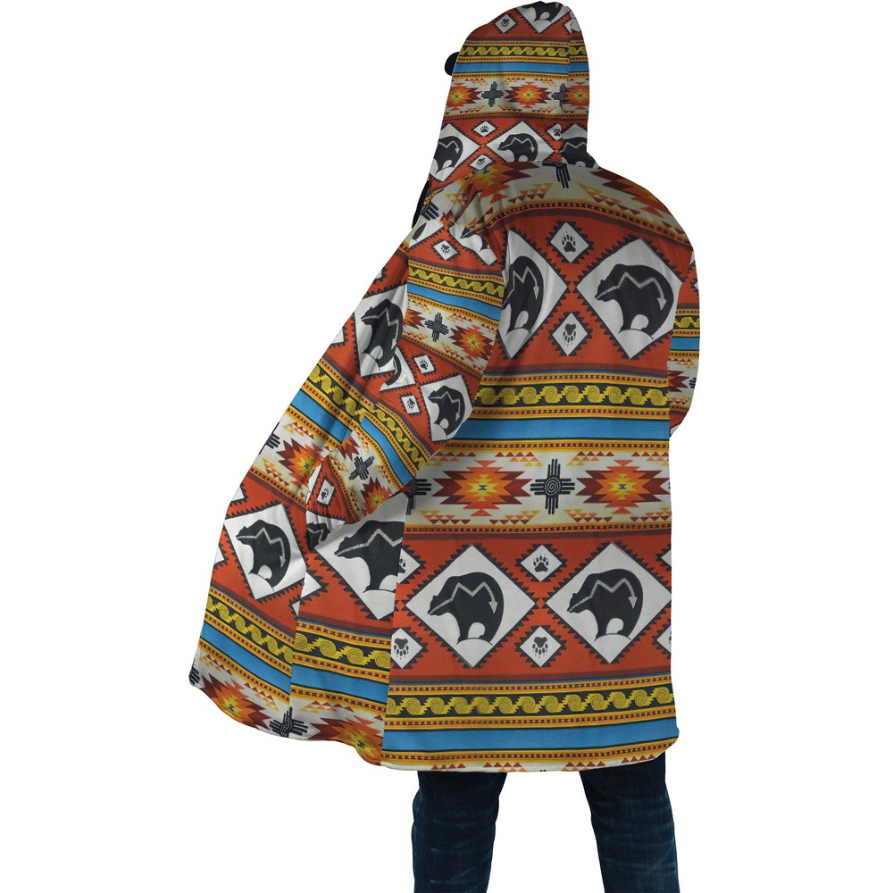 Native American Coat, Bear Pattern Native American 3D All Over Printed Hooded Cloak Coat