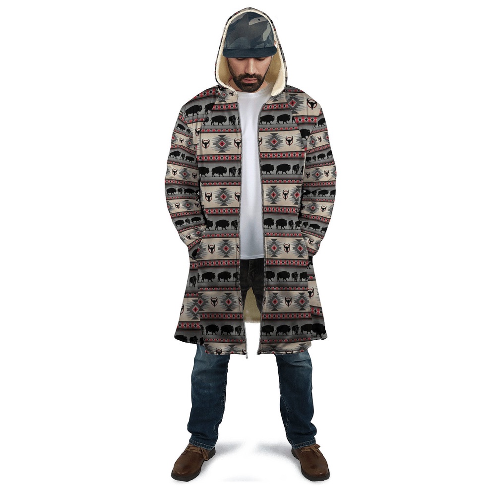 Native American Coat, Bison Motif Native American 3D All Over Printed Hooded Cloak Coat