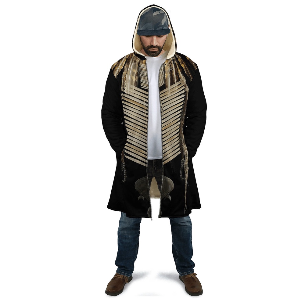 Native American Coat, Black Pattern Feather Native American 3D All Over Printed Hooded Cloak Coat