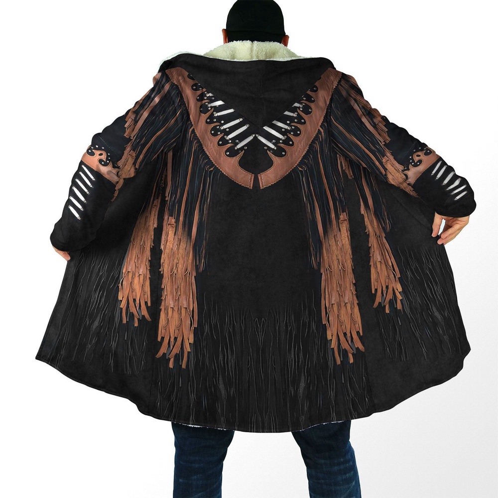 Native American Coat, Black Suede Motifs Native American 3D All Over Printed Hooded Cloak Coat Native American Coat, Black Suede Motifs Native American 3D All Over Printed Hooded Cloak Coat