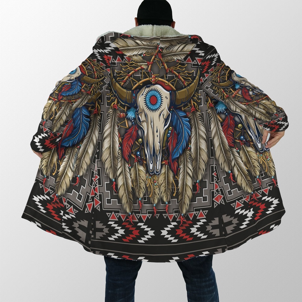 Native American Coat, Buffalo Skull Native American 3D All Over Printed Hooded Cloak Coat Native American Coat, Buffalo Skull Native American 3D All Over Printed Hooded Cloak Coat