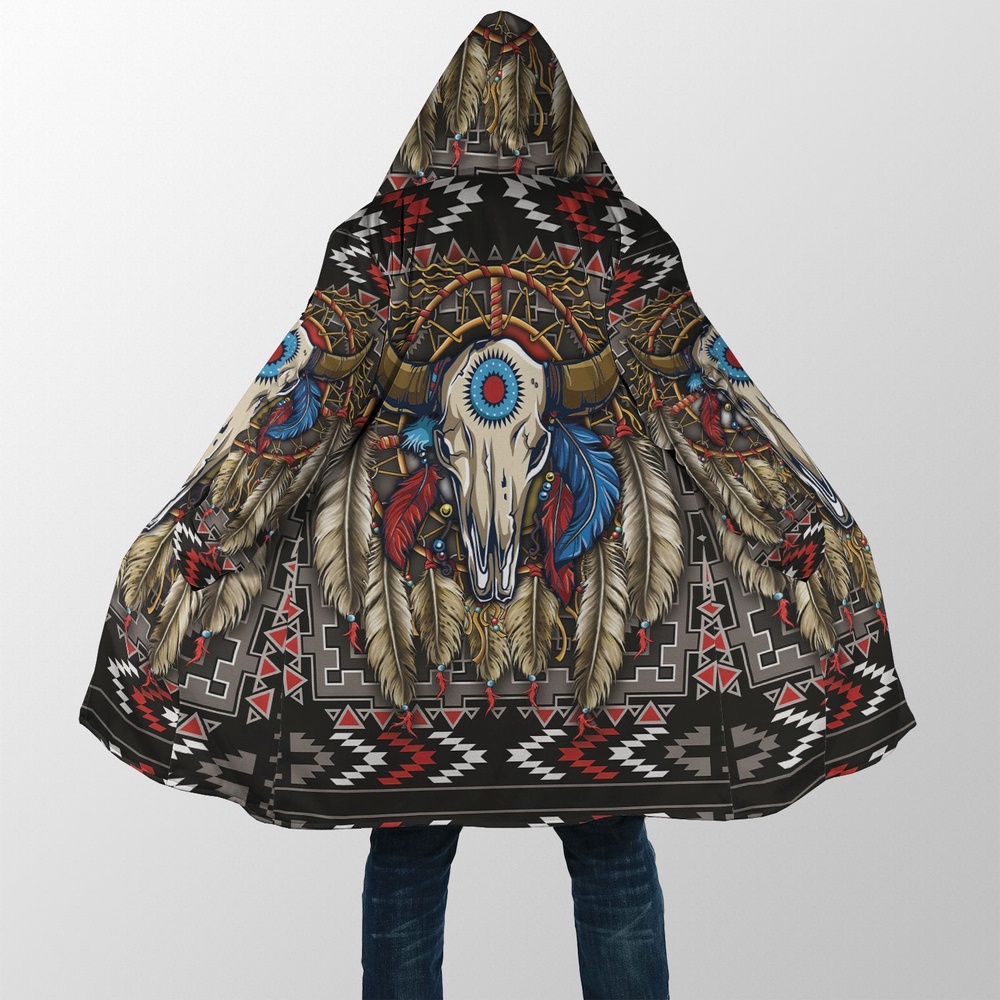 Native American Coat, Buffalo Skull Native American 3D All Over Printed Hooded Cloak Coat Native American Coat, Buffalo Skull Native American 3D All Over Printed Hooded Cloak Coat