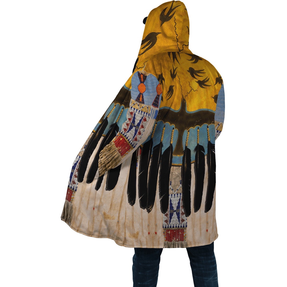 Native American Coat, Crow Pattern Native American 3D All Over Printed Hooded Cloak Coat Native American Coat, Crow Pattern Native American 3D All Over Printed Hooded Cloak Coat