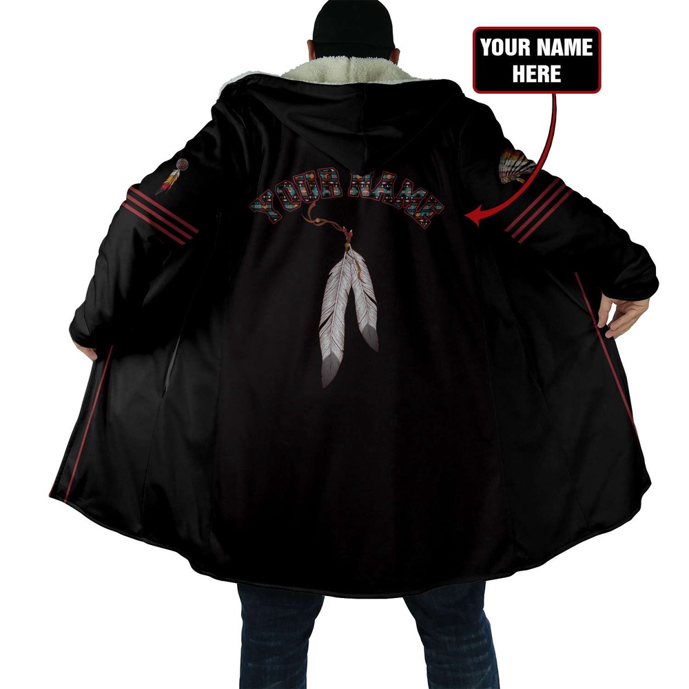 Native American Coat, Custom Name Feather Native American3D All Over Printed Hooded Cloak Coat