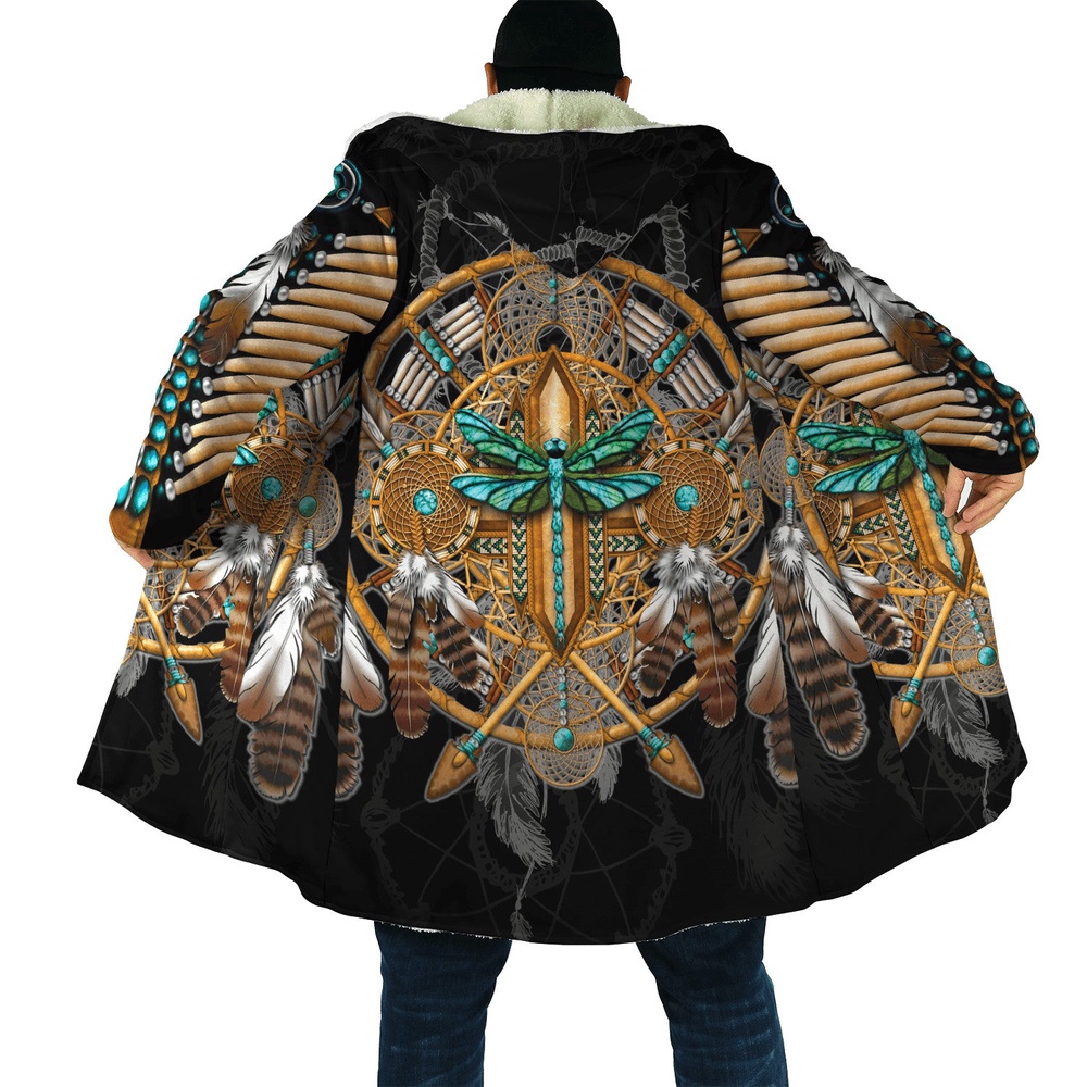 Native American Coat, Dragonfly Motif Native American 3D All Over Printed Hooded Cloak Coat Native American Coat, Dragonfly Motif Native American 3D All Over Printed Hooded Cloak Coat
