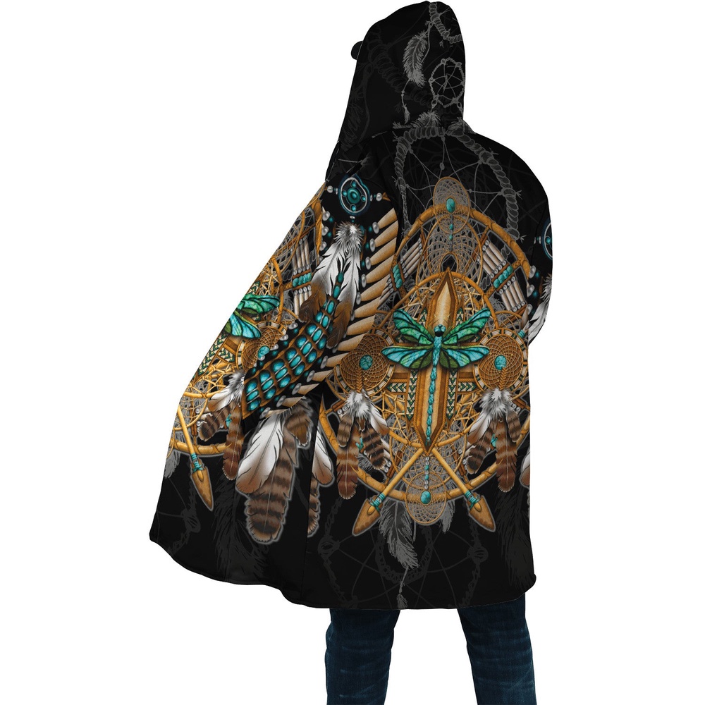 Native American Coat, Dragonfly Motif Native American 3D All Over Printed Hooded Cloak Coat Native American Coat, Dragonfly Motif Native American 3D All Over Printed Hooded Cloak Coat