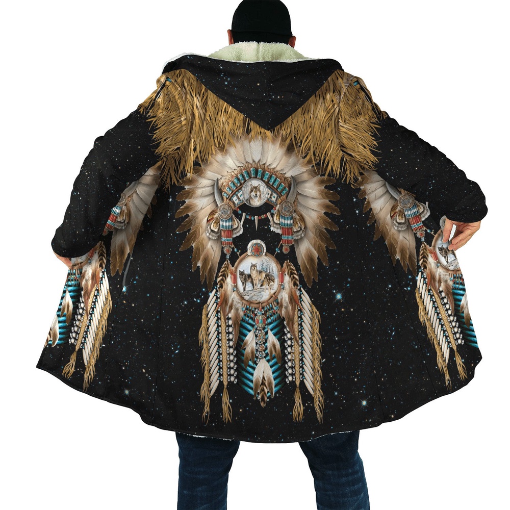 Native American Coat, Retro Tribal Style Pattern Native American 3D All Over Printed Hooded Cloak Coat