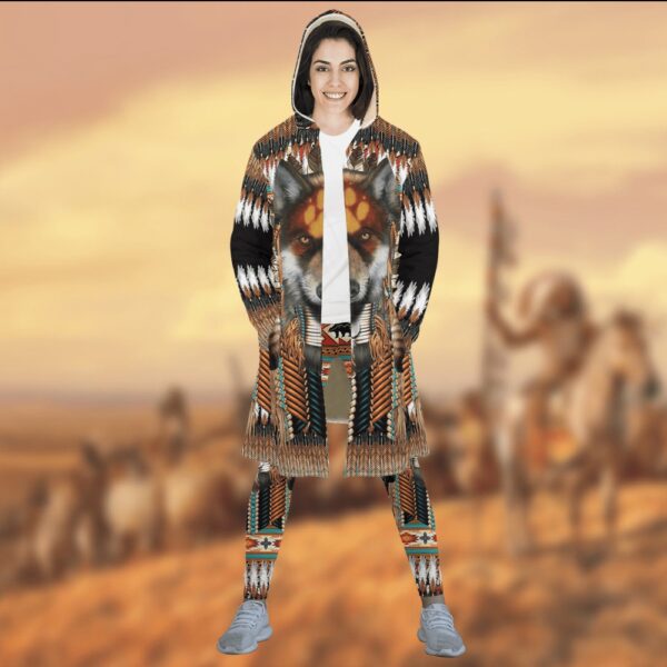 Native American Coat, Retro Tribal Wolf Native American All Over Printed Hooded Cloak Coat, Native American Hoodies