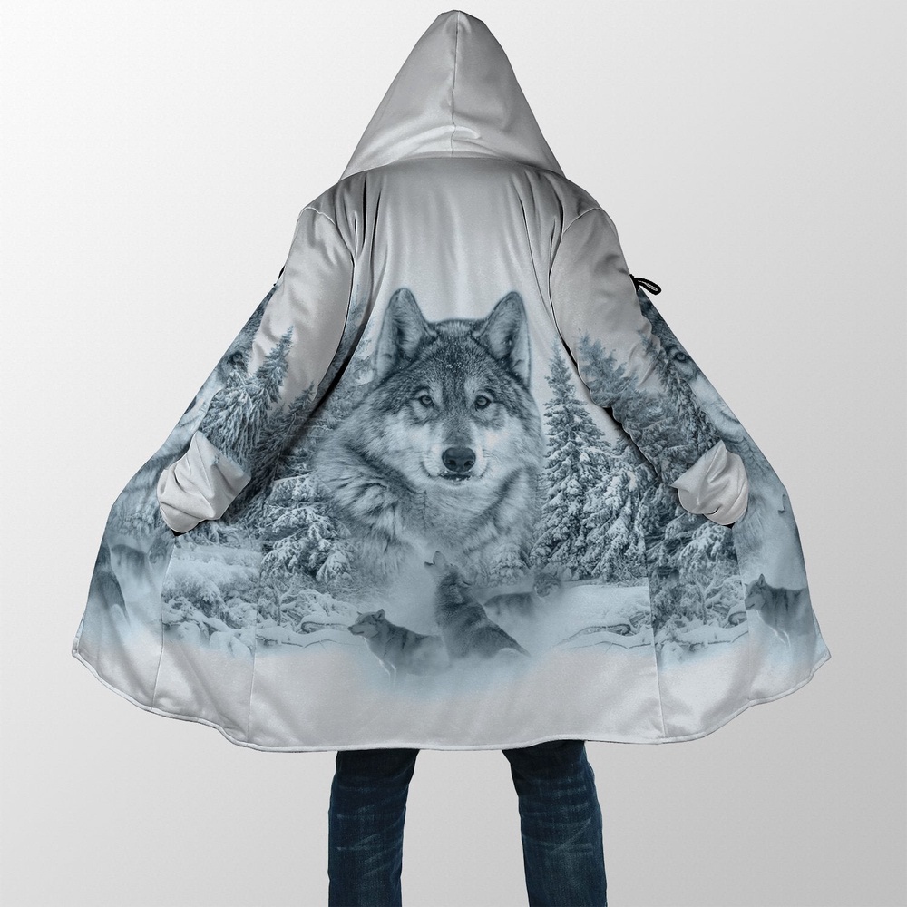 Native American Coat, Snow Wolves Native American 3D Over Printed Hooded Cloak Coat